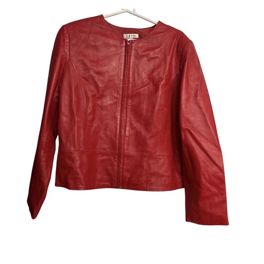 ⛱️🔥Yvonne Marie - Red Vintage Lamb Leather Collarless Jacket - 12